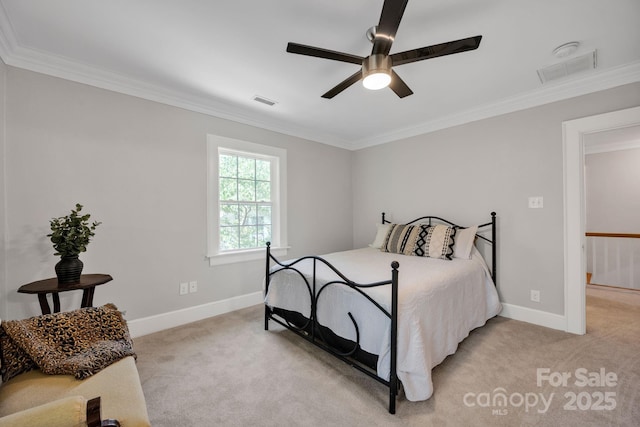 361 5th St NW, Hickory, NC 28601 - bedroom featuring light colored carpet, crown molding, baseboards, and ceiling fan
