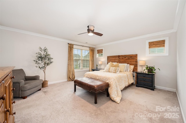 915 Claires Creek Ln, Davidson, NC 28036 - bedroom with light colored carpet, ornamental molding, and ceiling fan