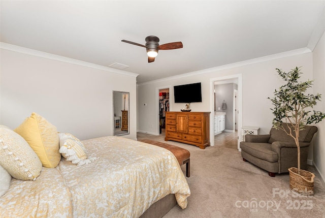 915 Claires Creek Ln, Davidson, NC 28036 - bedroom with ornamental molding, light carpet, a closet, a spacious closet, and connected bathroom