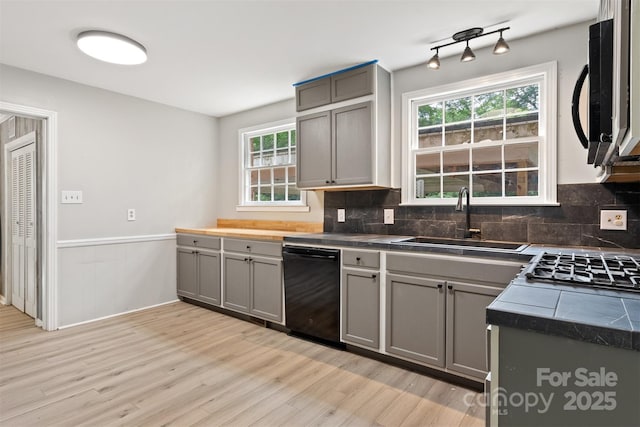 841 12th Ave NW, Hickory, NC 28601 - kitchen featuring dishwasher, a sink, gray cabinetry, light wood-style flooring, and backsplash