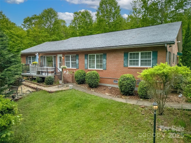 229 Hubbard Hollow Rd, Rosman, NC 28772 - ranch-style home with a front yard, brick siding, a shingled roof, and crawl space