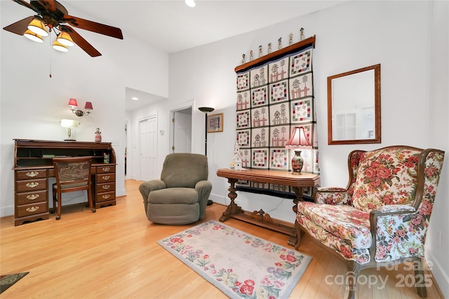 229 Hubbard Hollow Rd, Rosman, NC 28772 - sitting room featuring a ceiling fan, wood finished floors, a high ceiling, and recessed lighting