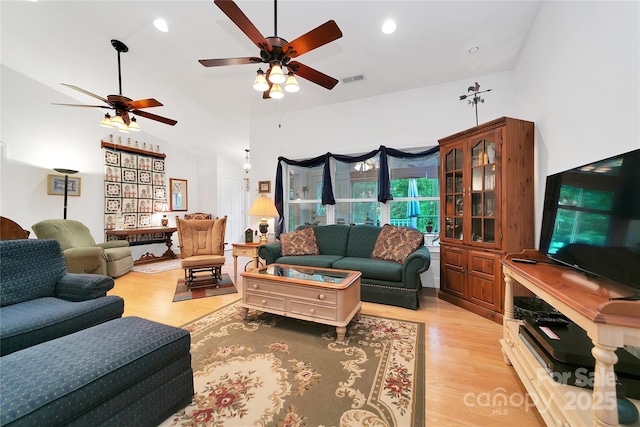 229 Hubbard Hollow Rd, Rosman, NC 28772 - living room featuring a ceiling fan, light wood-type flooring, lofted ceiling, and recessed lighting
