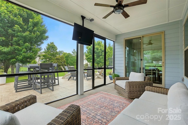 7322 Vesper Dr, Huntersville, NC 28078 - sunroom / solarium featuring ceiling fan, outdoor dining space, and an outdoor living space