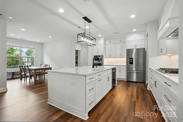 7322 Vesper Dr, Huntersville, NC 28078 - kitchen featuring stainless steel appliances, custom range hood, backsplash, white cabinets, and recessed lighting