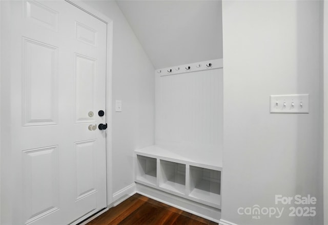 7322 Vesper Dr, Huntersville, NC 28078 - mudroom with dark wood-style flooring and vaulted ceiling