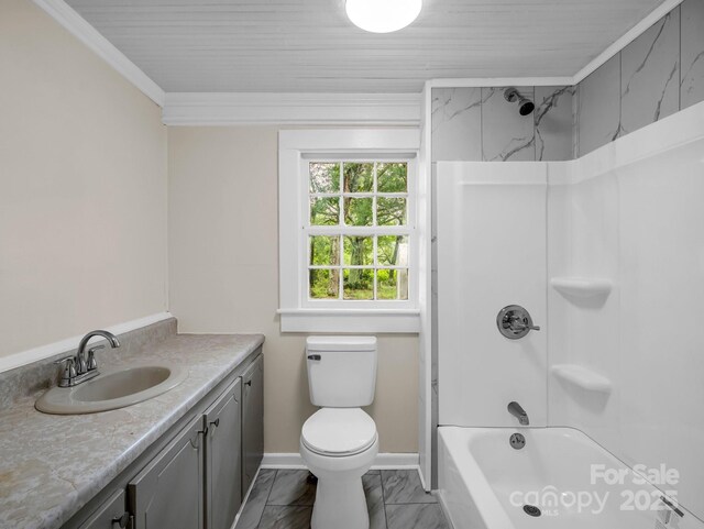 226 Dobbins Rd, Ellenboro, NC 28040 - bathroom with marble finish floors, baseboards, vanity, toilet, and bathtub / shower combination