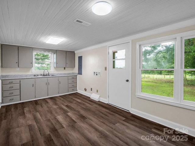 226 Dobbins Rd, Ellenboro, NC 28040 - kitchen featuring gray cabinetry, baseboards, light countertops, dark wood-style floors, and a sink