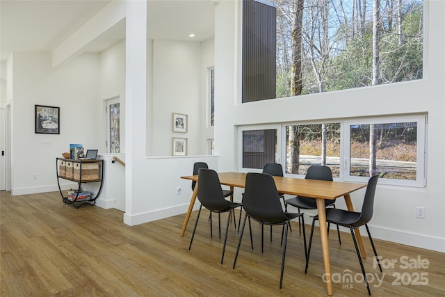 75 S Fork Trl, Lake Toxaway, NC 28747 - dining space with a high ceiling, wood finished floors, baseboards, and healthy amount of natural light