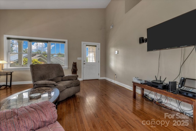 32 White Fox Dr, Fletcher, NC 28732 - living area featuring wood finished floors, baseboards, and a towering ceiling