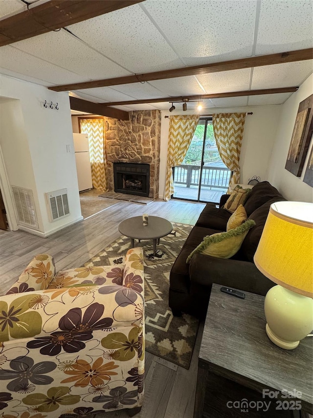 58 Creekside Dr Unit C, Banner Elk, NC 28604 - living area with wood finished floors, a stone fireplace, and baseboards