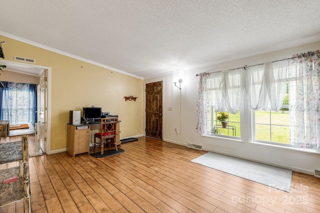 553 New Hope Rd, Rutherfordton, NC 28139 - living room featuring a textured ceiling, ornamental molding, light wood-type flooring, plenty of natural light, and baseboards