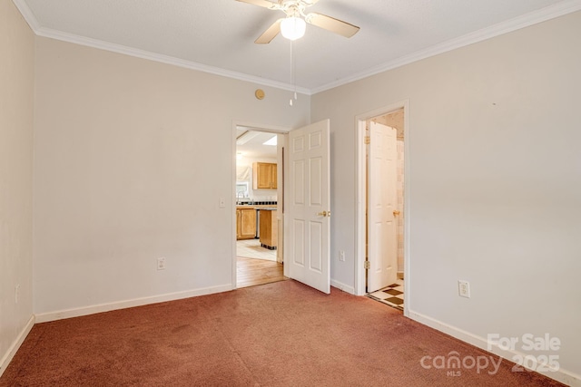 553 New Hope Rd, Rutherfordton, NC 28139 - unfurnished bedroom featuring light colored carpet, ornamental molding, baseboards, connected bathroom, and a ceiling fan