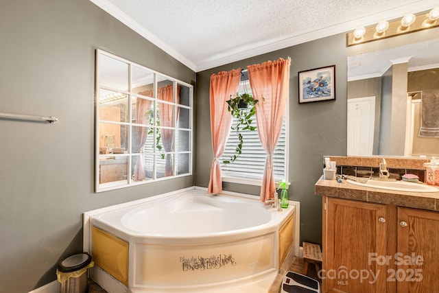 553 New Hope Rd, Rutherfordton, NC 28139 - bathroom featuring vanity, ornamental molding, a bath, and a textured ceiling