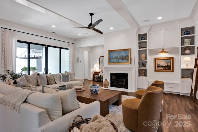 14105 Ryker Way, Davidson, NC 28036 - living area featuring dark wood-style floors, ceiling fan, a fireplace, recessed lighting, and built in shelves