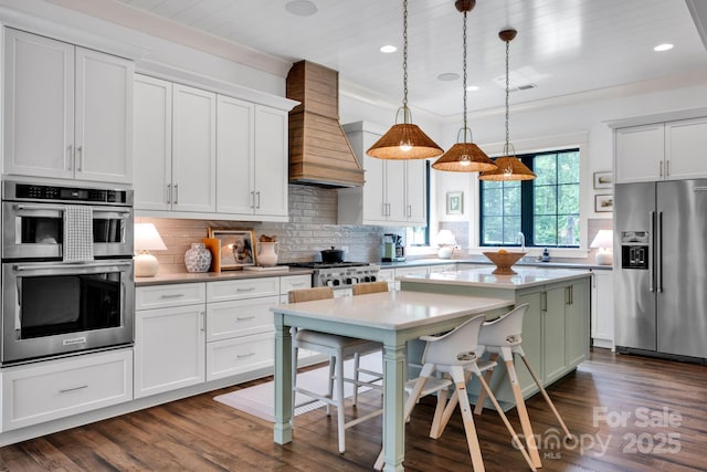 14105 Ryker Way, Davidson, NC 28036 - kitchen featuring appliances with stainless steel finishes, custom exhaust hood, decorative backsplash, dark wood finished floors, and recessed lighting