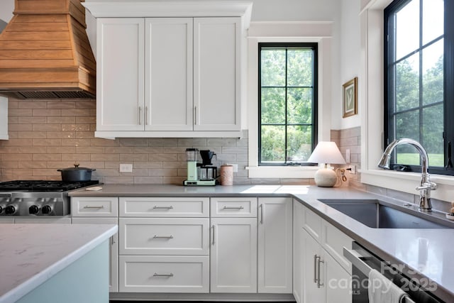 14105 Ryker Way, Davidson, NC 28036 - kitchen with custom range hood, stainless steel dishwasher, decorative backsplash, white cabinetry, and light stone counters
