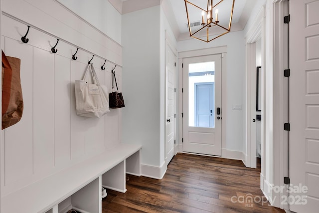 14105 Ryker Way, Davidson, NC 28036 - mudroom with a chandelier and dark wood finished floors