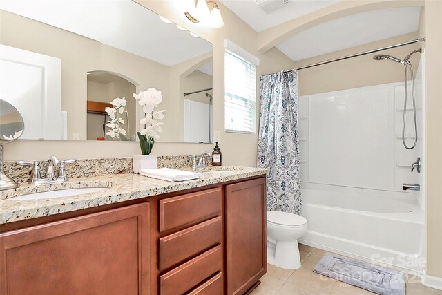 2840 Hopeton Ct, Monroe, NC 28110 - full bathroom with shower / bath combination with curtain, double vanity, tile patterned floors, and toilet