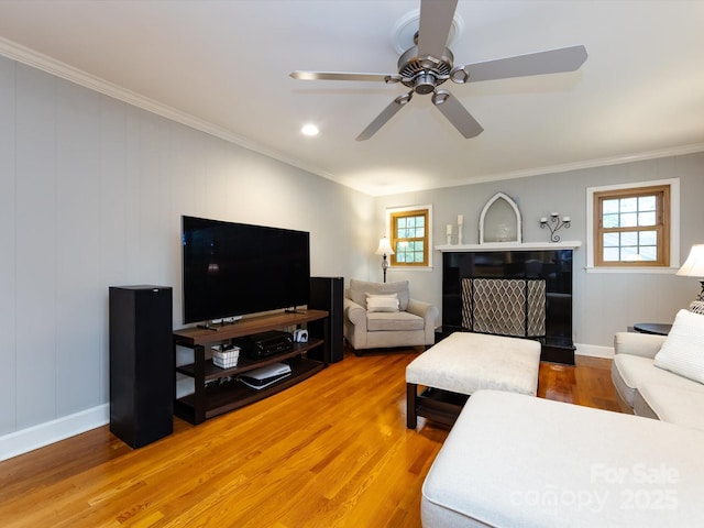 6941 Queensberry Dr, Charlotte, NC 28226 - living area with healthy amount of natural light, wood finished floors, crown molding, a ceiling fan, and baseboards