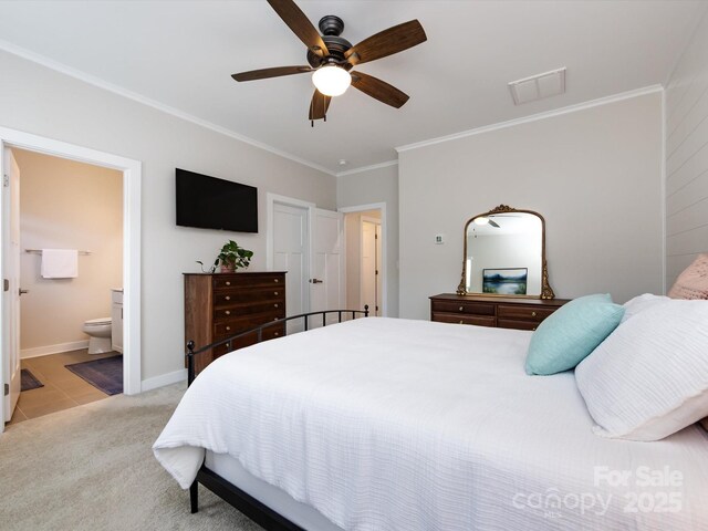 1839 Shumard Ln, Charlotte, NC 28205 - bedroom with crown molding, light carpet, ensuite bathroom, and ceiling fan