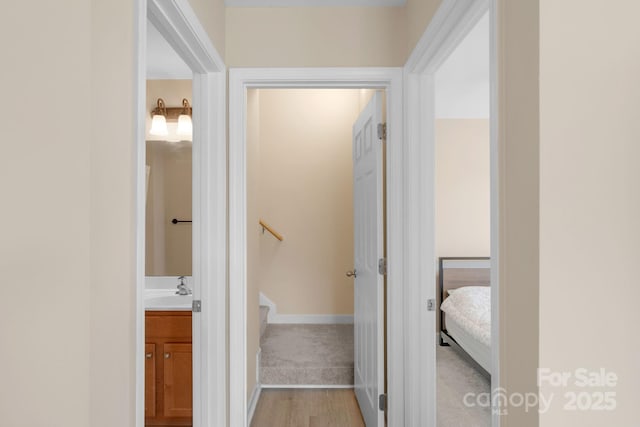 1907 Sandal Brook Rd, Fort Mill, SC 29707 - hall with stairs, a sink, light wood-style flooring, and light carpet