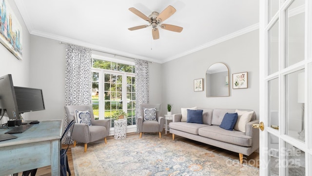 1115 Maremont Ct, Matthews, NC 28104 - living area featuring wood finished floors, an office area, ornamental molding, and ceiling fan