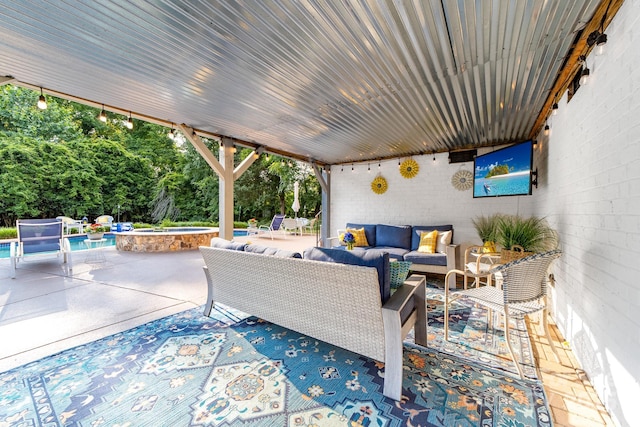 1115 Maremont Ct, Matthews, NC 28104 - view of patio with a hot tub, outdoor lounge area, an outdoor pool, and view of scattered trees