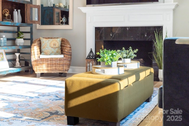 1115 Maremont Ct, Matthews, NC 28104 - living area featuring wood finished floors and a premium fireplace