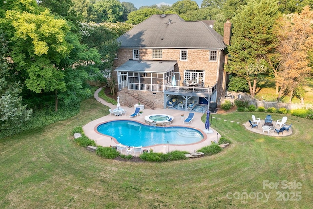 1115 Maremont Ct, Matthews, NC 28104 - view of pool with a sunroom, an in-ground hot tub, stairs, a patio area, and a deck