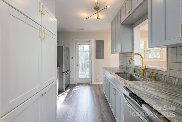 110 Annandale Ave, Asheville, NC 28801 - kitchen featuring freestanding refrigerator, electric panel, a sink, tasteful backsplash, and dark wood-style floors