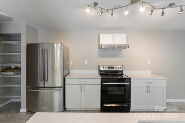 110 Annandale Ave, Asheville, NC 28801 - kitchen featuring freestanding refrigerator, electric range oven, under cabinet range hood, and white cabinets