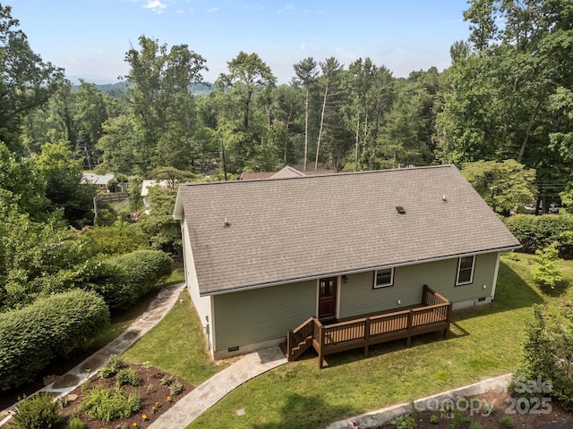17 Laurel Rd, Arden, NC 28704 - rear view of house featuring crawl space, a lawn, a wooden deck, and a forest view