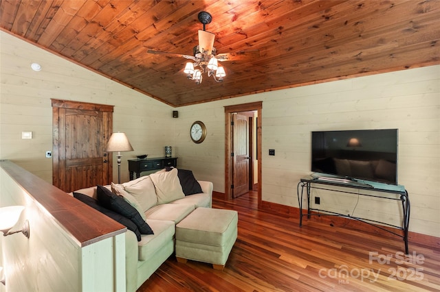 1283 Leafstone Cir, Sylva, NC 28779 - living room with wooden ceiling, lofted ceiling, wood finished floors, and a ceiling fan