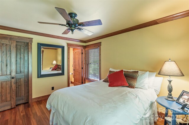 1283 Leafstone Cir, Sylva, NC 28779 - bedroom with crown molding, dark wood-style floors, baseboards, and ceiling fan