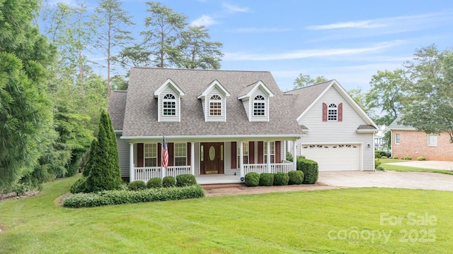 9372 Island Point Rd, Sherrills Ford, NC 28673 - cape cod-style house featuring driveway, covered porch, a front lawn, an attached garage, and roof with shingles