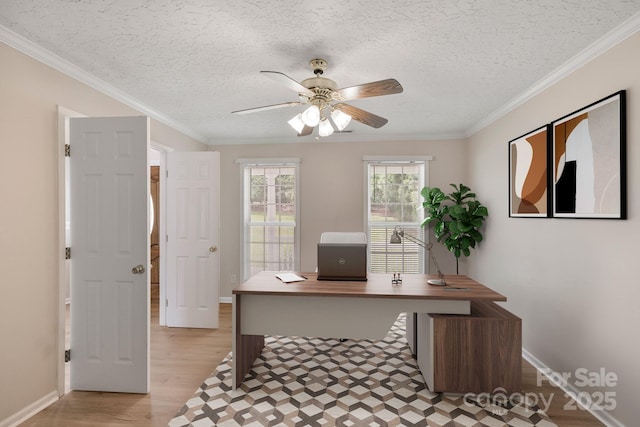 9372 Island Point Rd, Sherrills Ford, NC 28673 - office area featuring ceiling fan, light wood-style floors, a textured ceiling, and crown molding