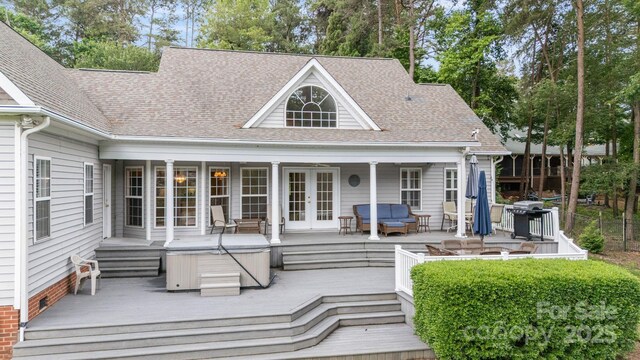 9372 Island Point Rd, Sherrills Ford, NC 28673 - wooden terrace featuring french doors, a hot tub, an outdoor hangout area, and grilling area