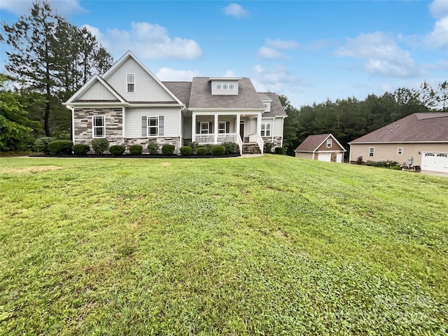 263 Lauren Pines Dr, York, SC 29745 - view of front of house featuring a porch, stone siding, a front yard, and board and batten siding