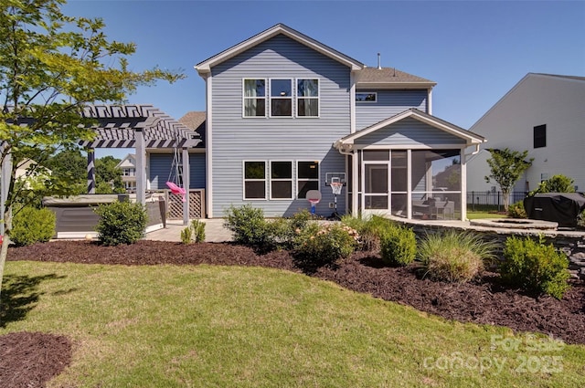 2035 Beacon Ave, Monroe, NC 28110 - rear view of house with a pergola, a sunroom, a lawn, and a patio