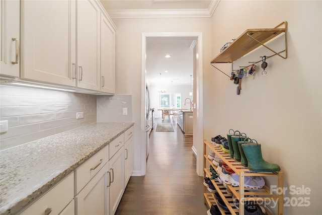 2035 Beacon Ave, Monroe, NC 28110 - corridor featuring crown molding, dark wood finished floors, and recessed lighting