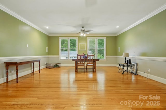 7725 Whitmire Ln, Mint Hill, NC 28227 - dining space featuring ceiling fan, light wood-style flooring, ornamental molding, baseboards, and recessed lighting