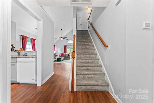 945 Heritage Pkwy, Fort Mill, SC 29715 - stairs featuring a ceiling fan, wood finished floors, and baseboards