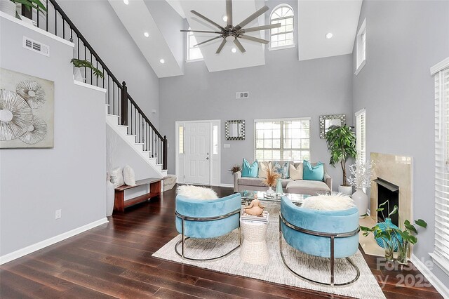 10449 Quiet Bay Ct, Charlotte, NC 28278 - living area featuring ceiling fan, high vaulted ceiling, wood finished floors, baseboards, and recessed lighting