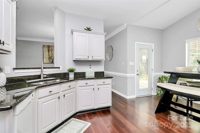 10449 Quiet Bay Ct, Charlotte, NC 28278 - kitchen featuring a sink, white dishwasher, dark wood-style floors, dark stone counters, and crown molding