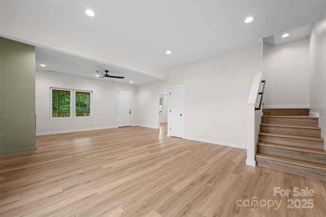 1076 W Henderson St, Marion, NC 28752 - unfurnished living room featuring stairway, recessed lighting, ceiling fan, light wood-type flooring, and baseboards