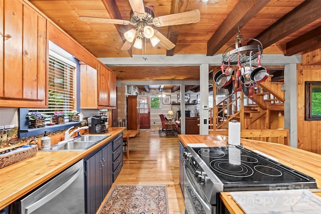 260 Smoky View Dr, Bryson City, NC 28713 - kitchen with wood counters, a sink, stainless steel appliances, wood ceiling with exposed beams, and light wood-type flooring