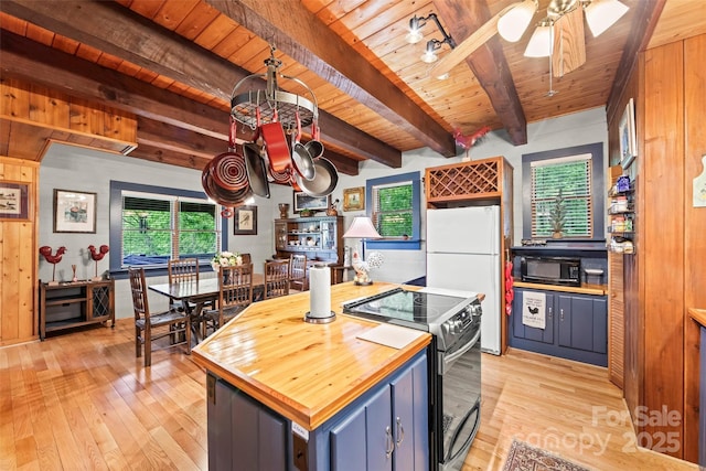 260 Smoky View Dr, Bryson City, NC 28713 - kitchen featuring electric range, freestanding refrigerator, wood ceiling with exposed beams, light wood finished floors, and wooden counters