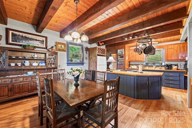 260 Smoky View Dr, Bryson City, NC 28713 - dining room with a chandelier, light wood-style floors, and wood ceiling with exposed beams