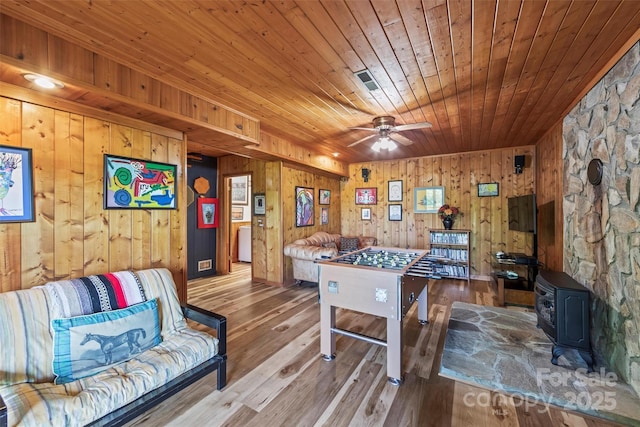 260 Smoky View Dr, Bryson City, NC 28713 - playroom with wood ceiling, a ceiling fan, hardwood / wood-style floors, a wood stove, and wood walls